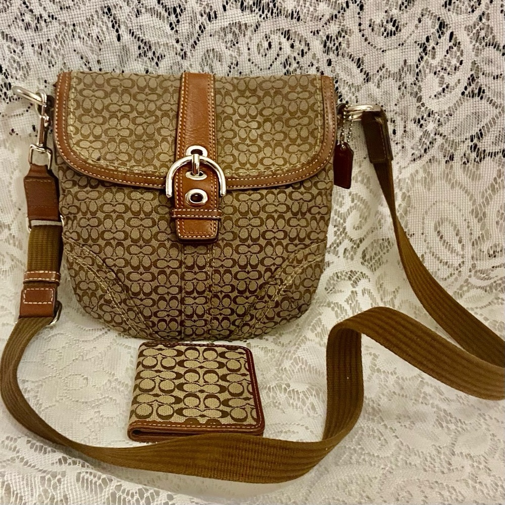 Coach-Soho Brown and Tan Jacquard Signature Crossbody and Card Wallet